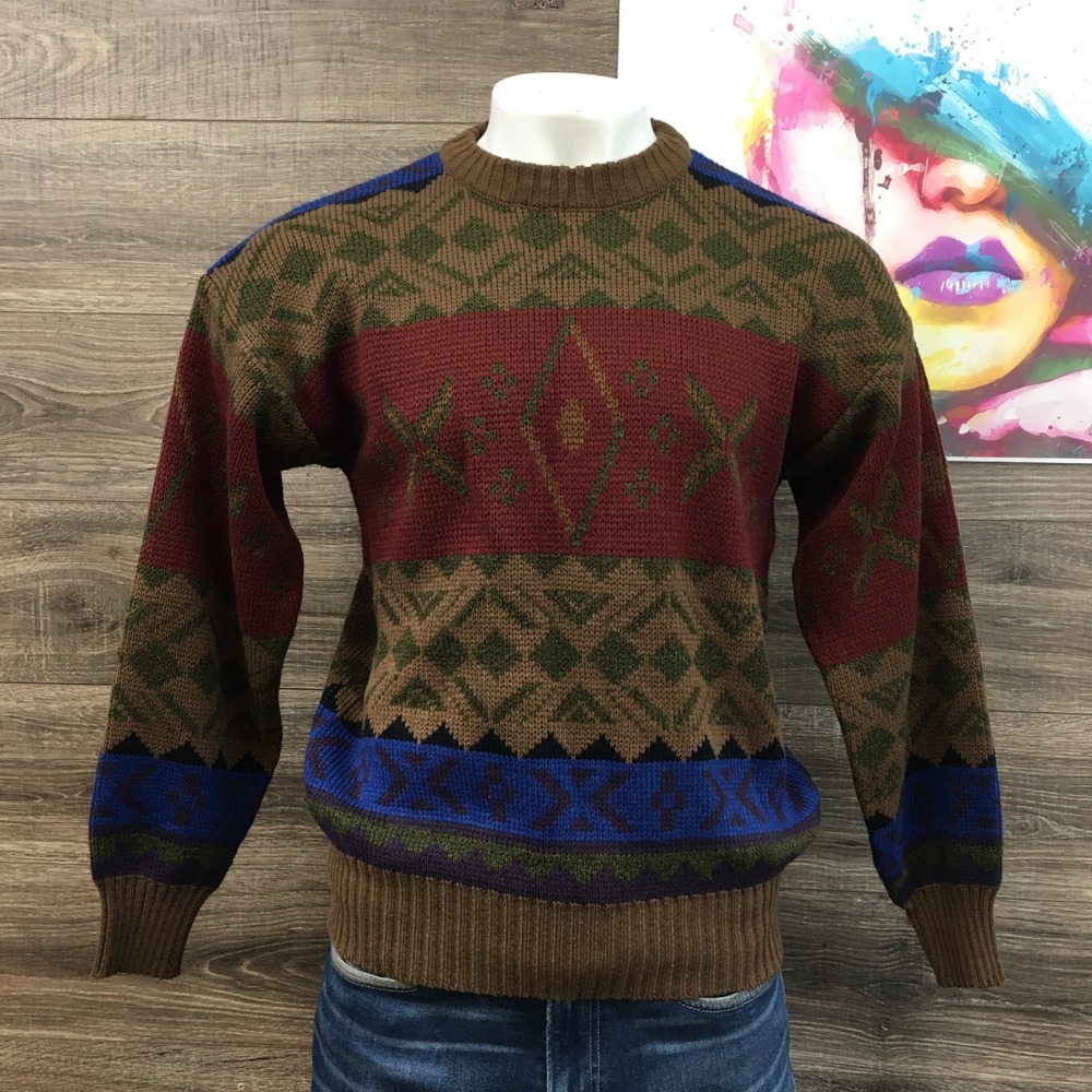 VINTAGE Bugle Boy Mens Crew Neck Geometric‎ Knit Sweater Size M Grampa Y2K
